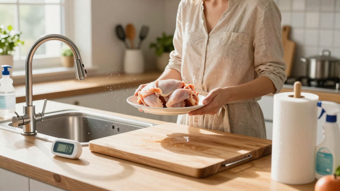 Pessoa segurando prato com pedaços de frango cru na cozinha ao lado de bancada com tábua e torneira.