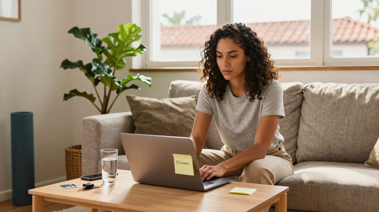 Mulher sentada no sofá usando laptop em mesa de centro com copo de água e anotações adesivas.