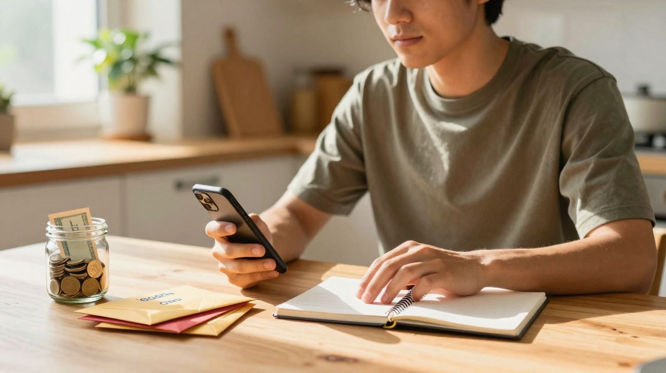 Jovem sentado à mesa usando celular e anotando em caderno, com envelopes e jarra com dinheiro.