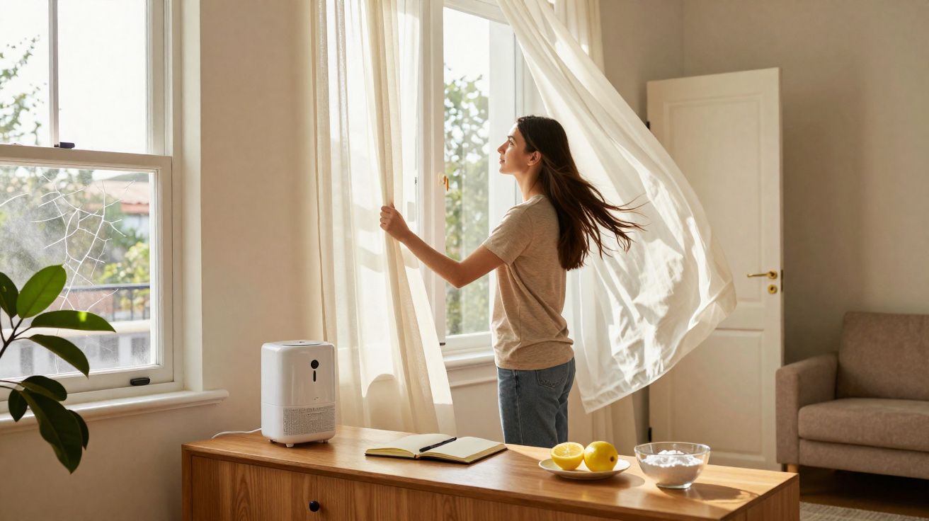 Mulher abrindo cortina em sala iluminada, com umidificador, mesa, sofá e planta ao fundo.