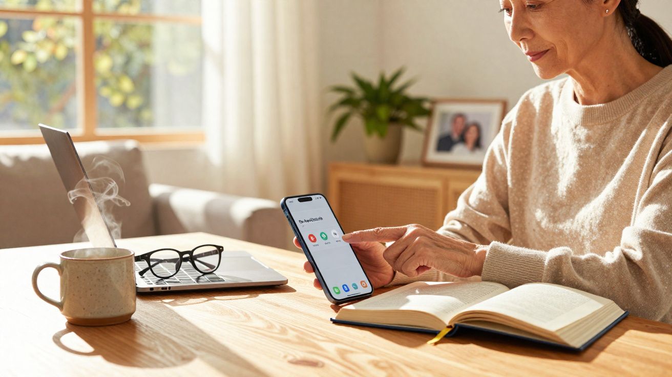 Mulher sentada à mesa com livro aberto, usando celular, com laptop, óculos e xícara fumegante na mesa.