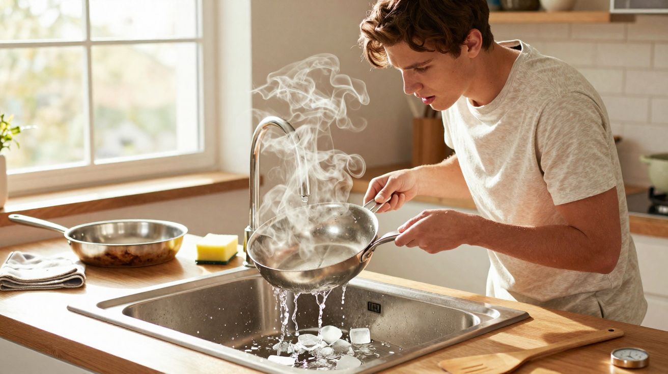Jovem esvaziando uma panela quente sobre cubos de gelo na pia de uma cozinha iluminada.