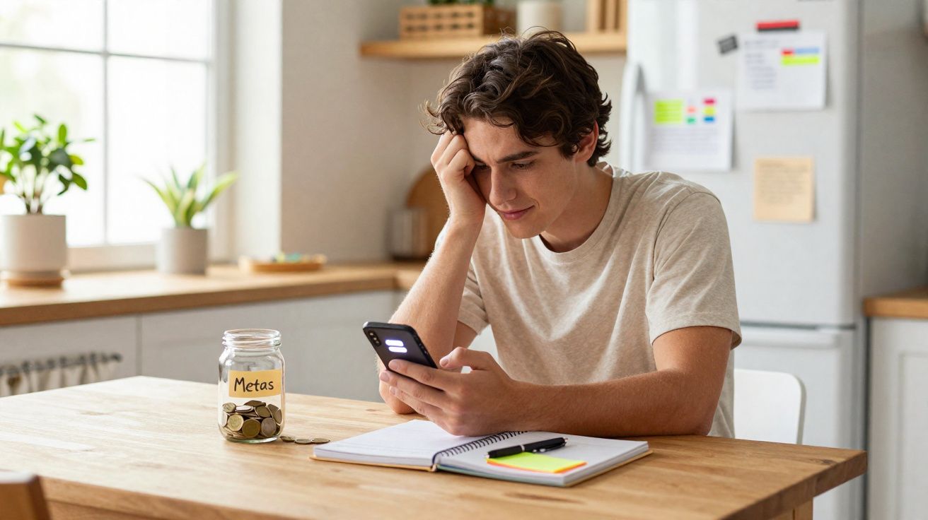 Jovem sentado à mesa olhando para celular, com caderno aberto e pote de vidro com moedas e etiqueta "Metas".