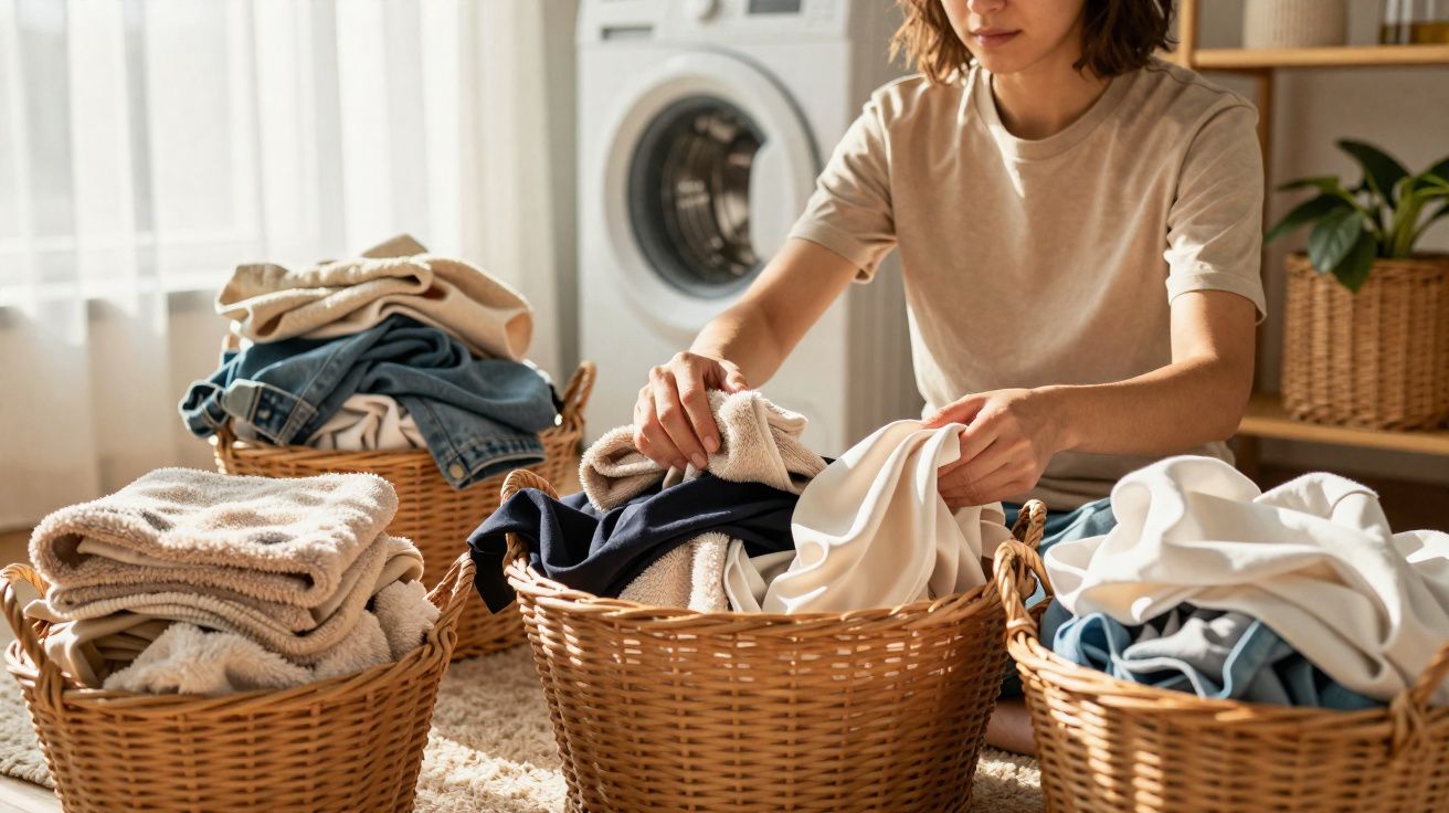 Pessoa organizando roupas em cestos de vime perto de máquina de lavar em ambiente claro e arrumado.