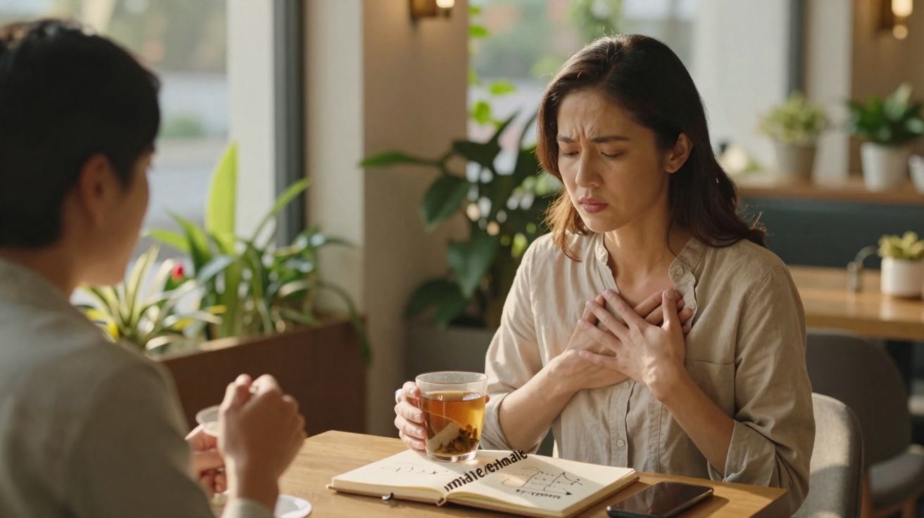 Mulher sentada em mesa de café sentindo dor no peito enquanto segura uma xícara de chá.