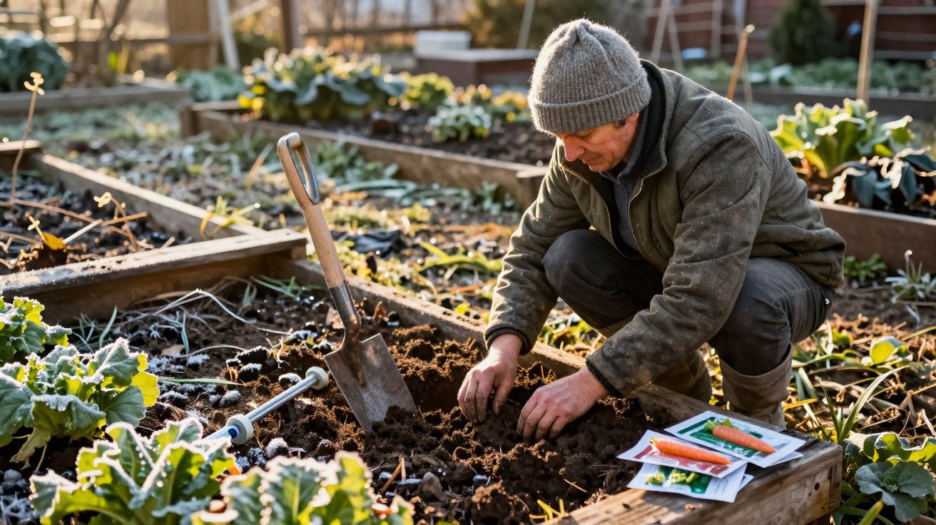Homem ajoelhado plantando sementes em canteiro de jardim com ferramentas e pacotes de sementes ao lado.
