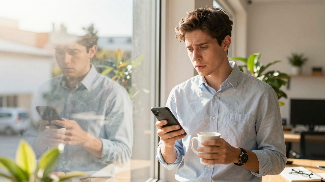 Jovem sério olhando para o celular enquanto segura uma caneca sentado perto da janela em ambiente claro.