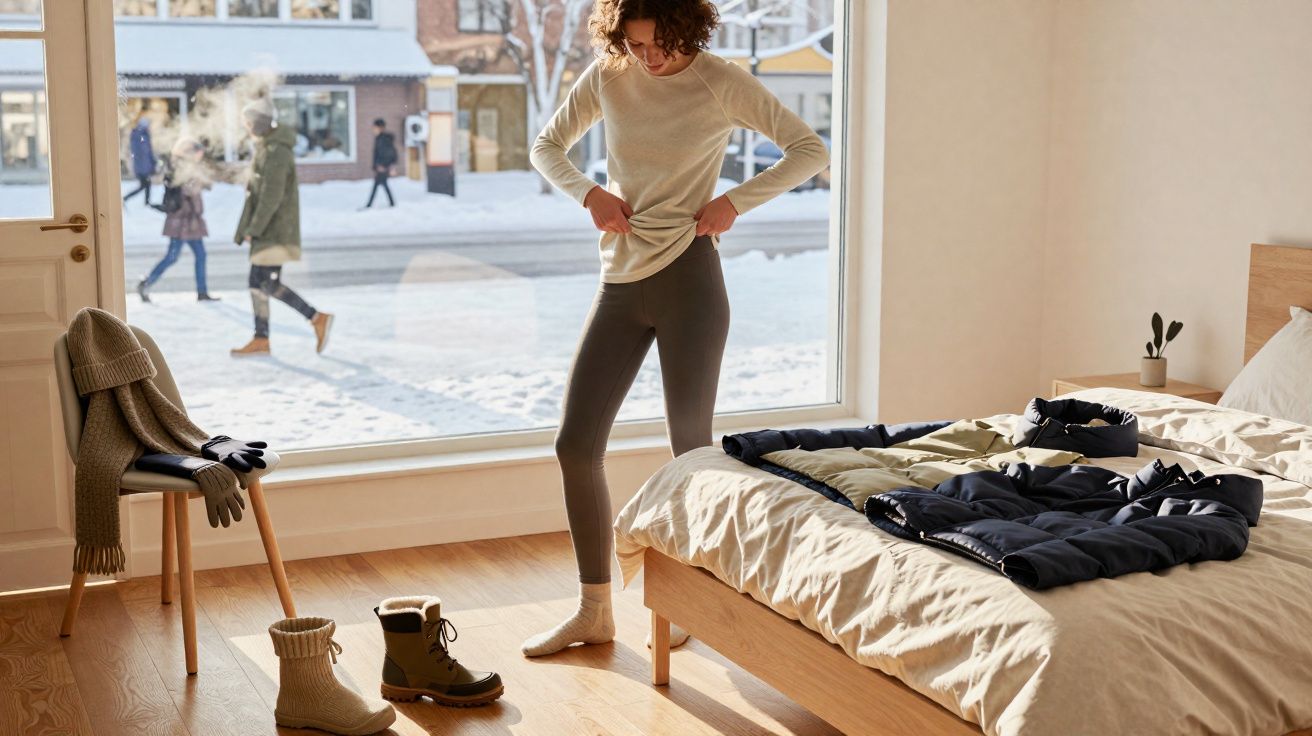 Pessoa se vestindo com calça legging em quarto iluminado, com vista para rua coberta de neve.