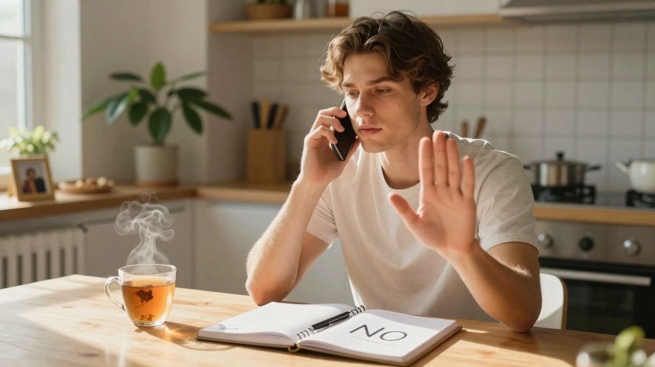 Homem fala ao telefone, gesticulando negativa, com caderno aberto escrito "NO" e chá quente à frente na cozinha.