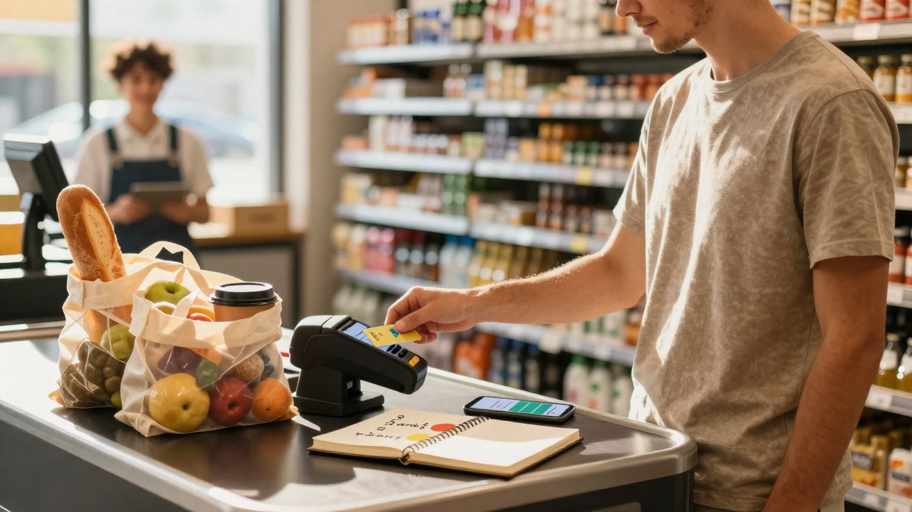 Homem pagando com cartão em supermercado, sacolas com frutas e pão na bancada, caixa ao fundo.