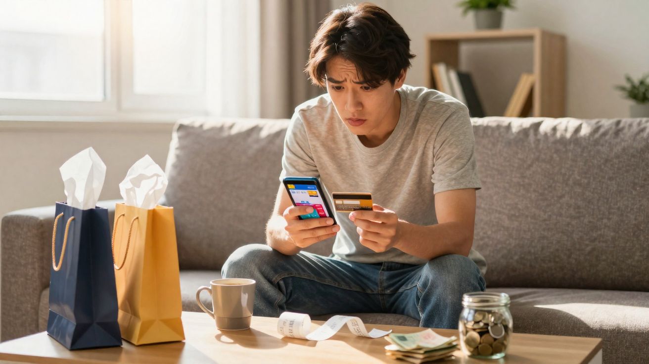 Jovem preocupado com cartão de crédito e celular sentado no sofá, com sacolas, recibo e dinheiro na mesa.