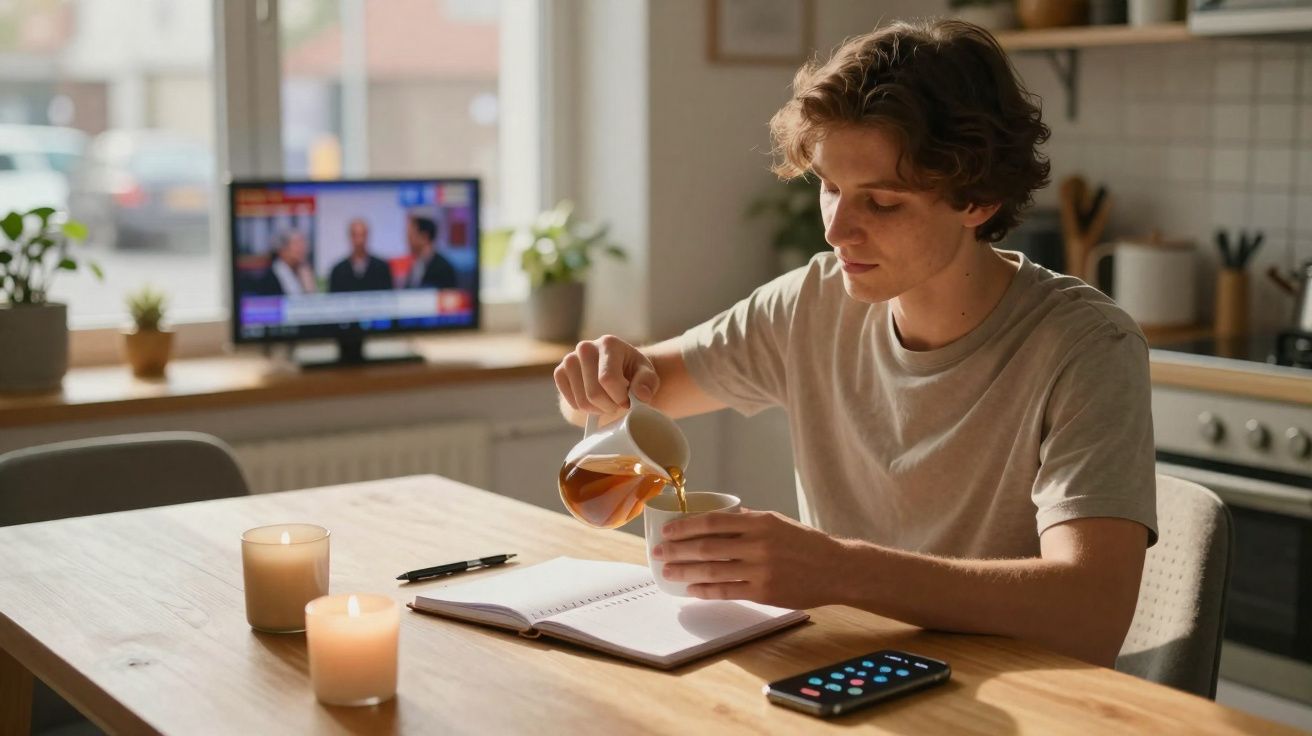 Jovem sentado à mesa, servindo chá em uma xícara, com caderno aberto, celular e velas acesas na cozinha.