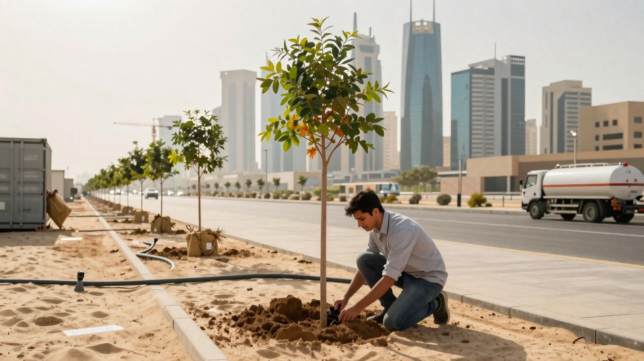 Homem planta árvore em área arenosa à beira de avenida com prédios altos ao fundo em dia claro.