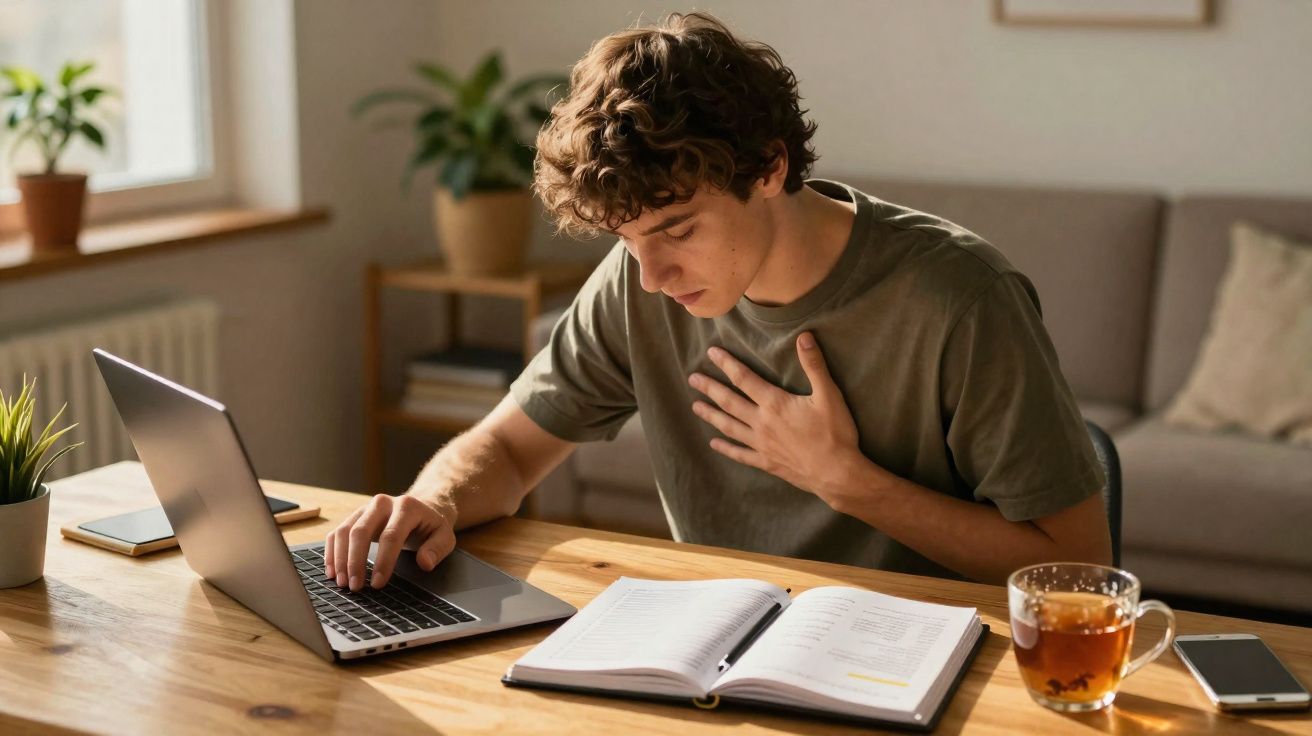 Jovem sentado em mesa com notebook, livro aberto e xícara de chá, segurando o peito com expressão de dor.