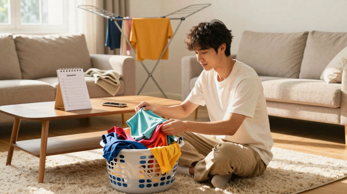 Homem sentado no tapete dobrando roupas coloridas retiradas de cesto de lavanderia.