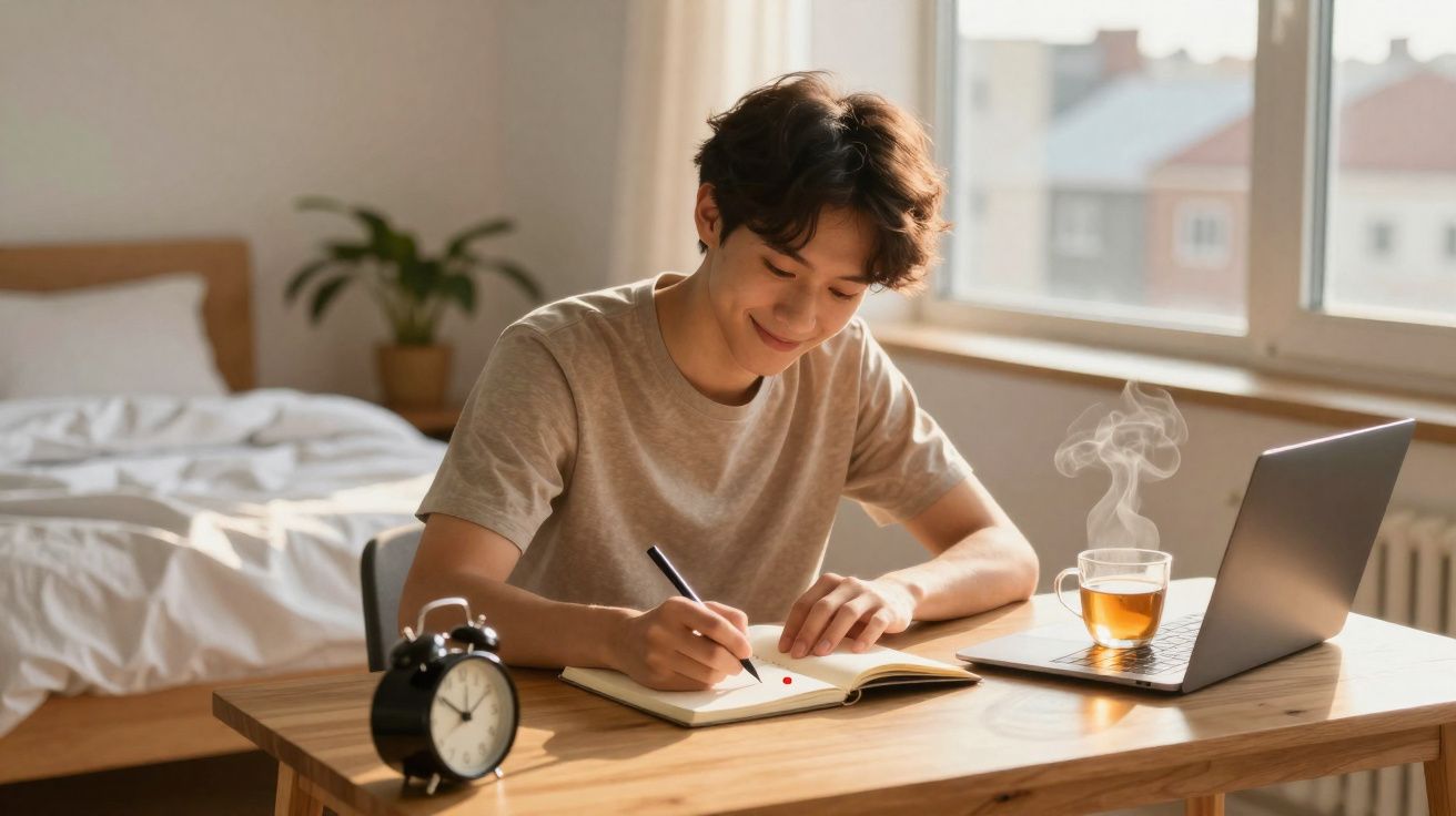 Jovem sentado escrevendo em caderno com chá quente ao lado e laptop em ambiente iluminado pela manhã.