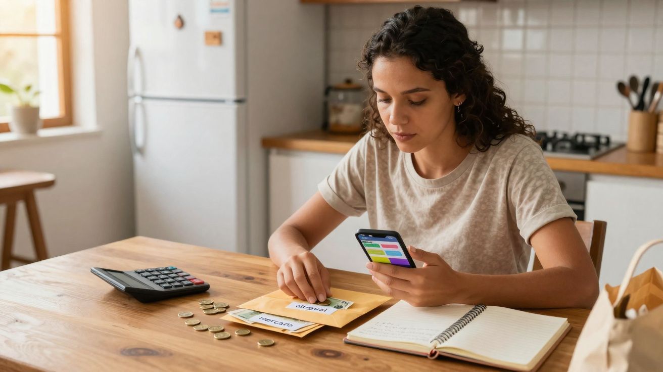 Mulher sentada à mesa organizando contas, usando celular e calculadora na cozinha.