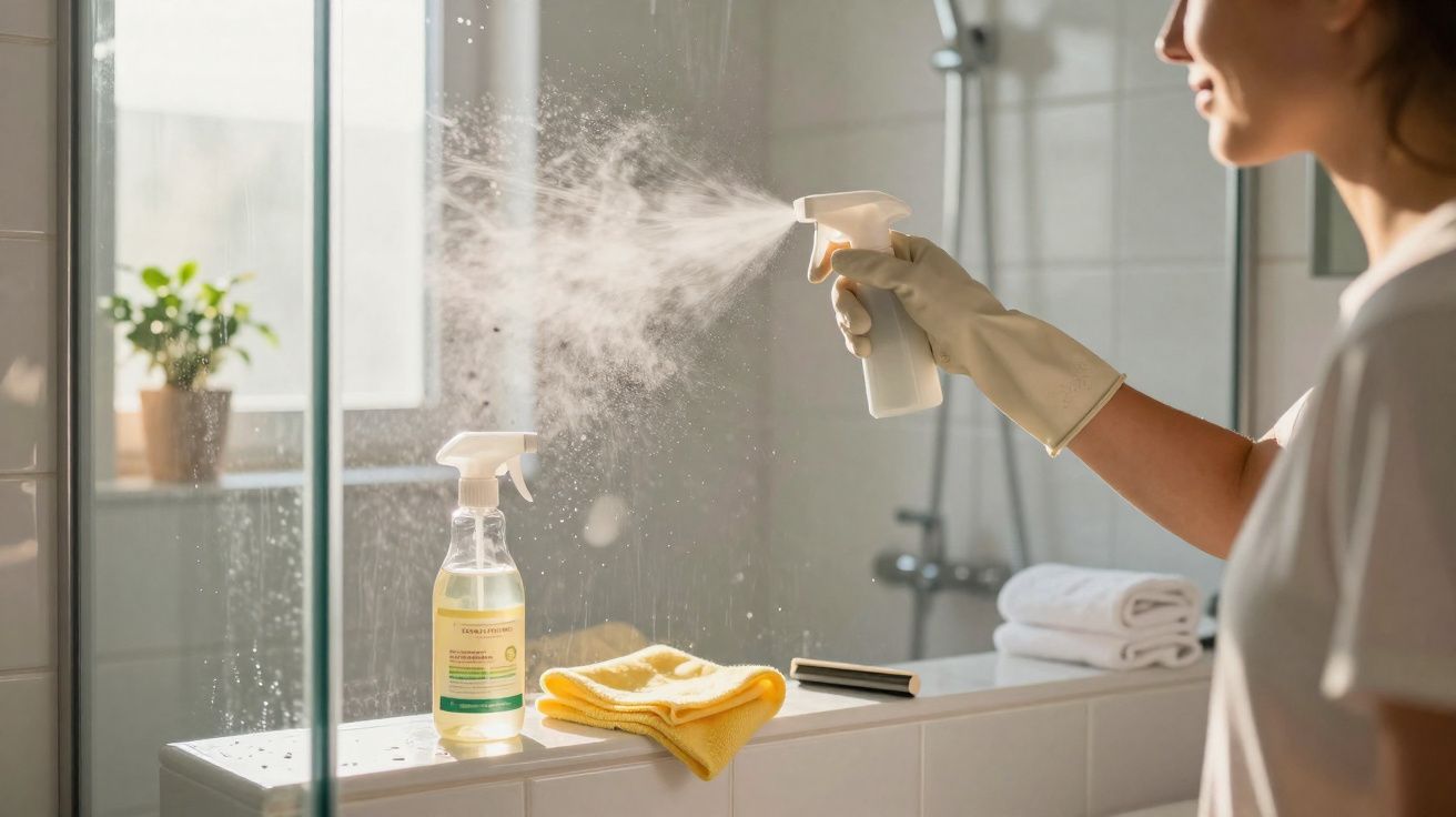 Pessoa com luva spray de limpeza na mão limpando vidro de banheiro com produtos e toalha amarela.