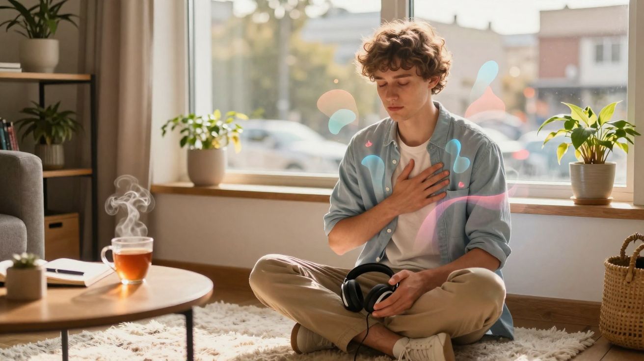 Jovem sentado no chão, olhos fechados, mãos no peito, ambiente tranquilo com plantas e xícara de chá.