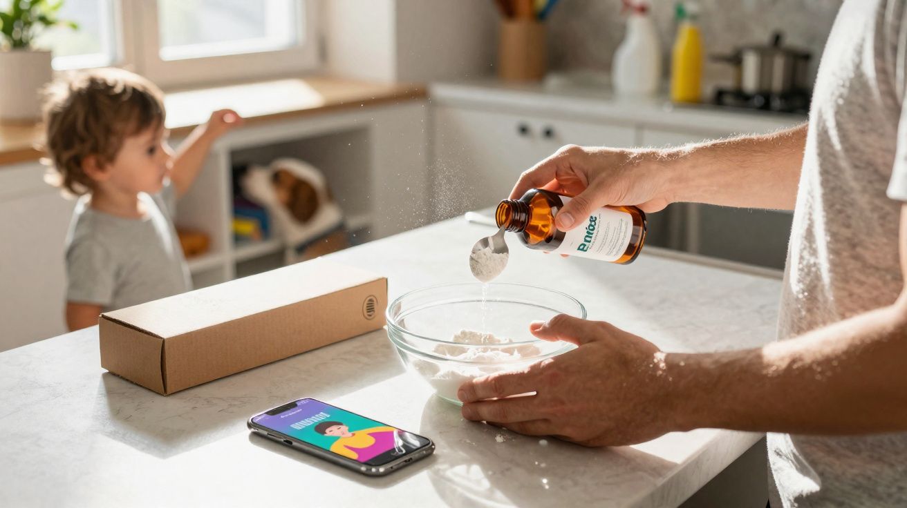 Pessoa despejando pó branco de um frasco em uma tigela de vidro, com criança e celular ao fundo.