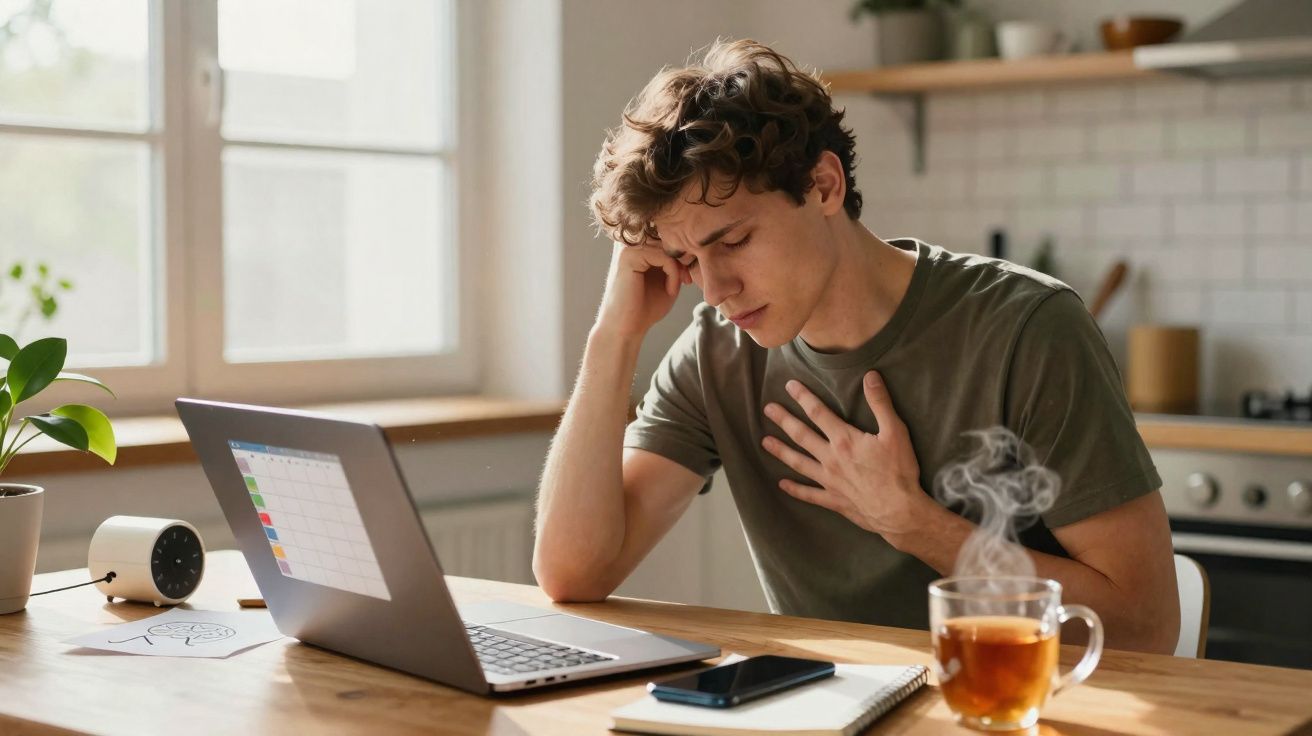 Jovem sentado à mesa com mão no peito aparentando desconforto, laptop, celular e chá na mesa.
