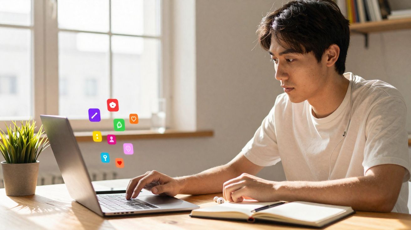 Jovem usando laptop em mesa com caderno aberto, plantas e ícones coloridos flutuando na tela.