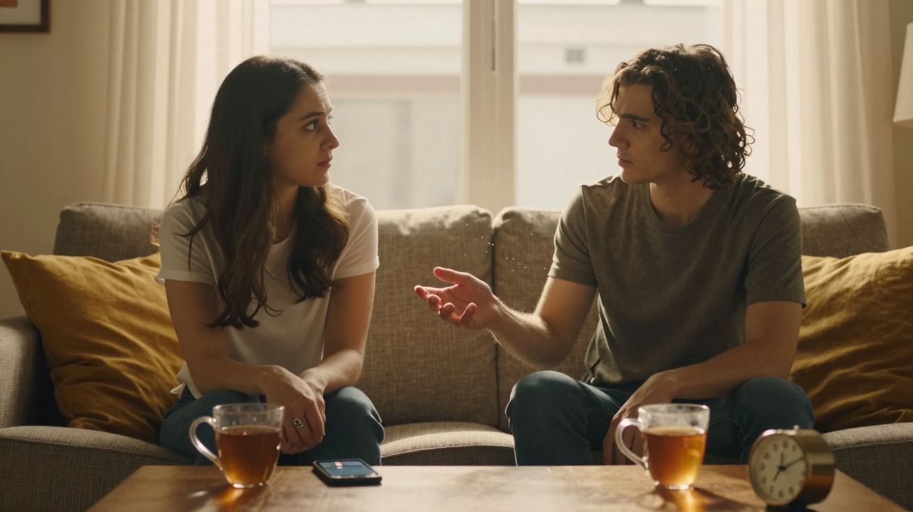 Homem e mulher sentados no sofá conversando, com xícaras de chá e relógio em mesa de madeira.