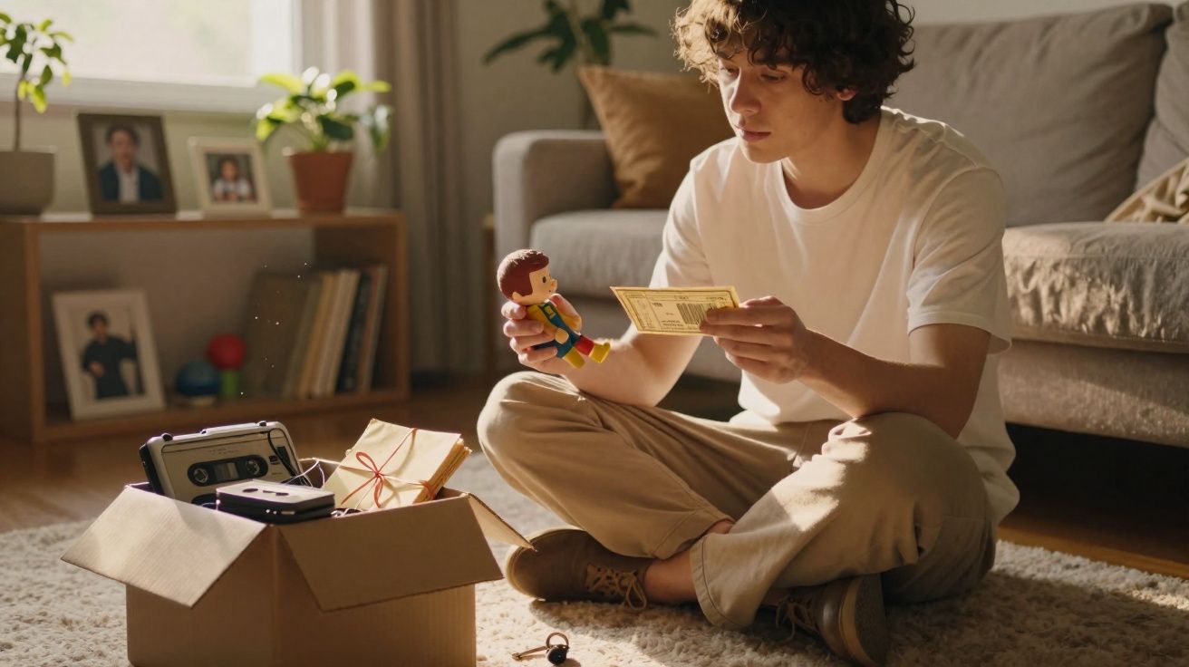 Jovem sentado no chão lendo um papel enquanto segura um boneco, ao lado há uma caixa com objetos antigos.