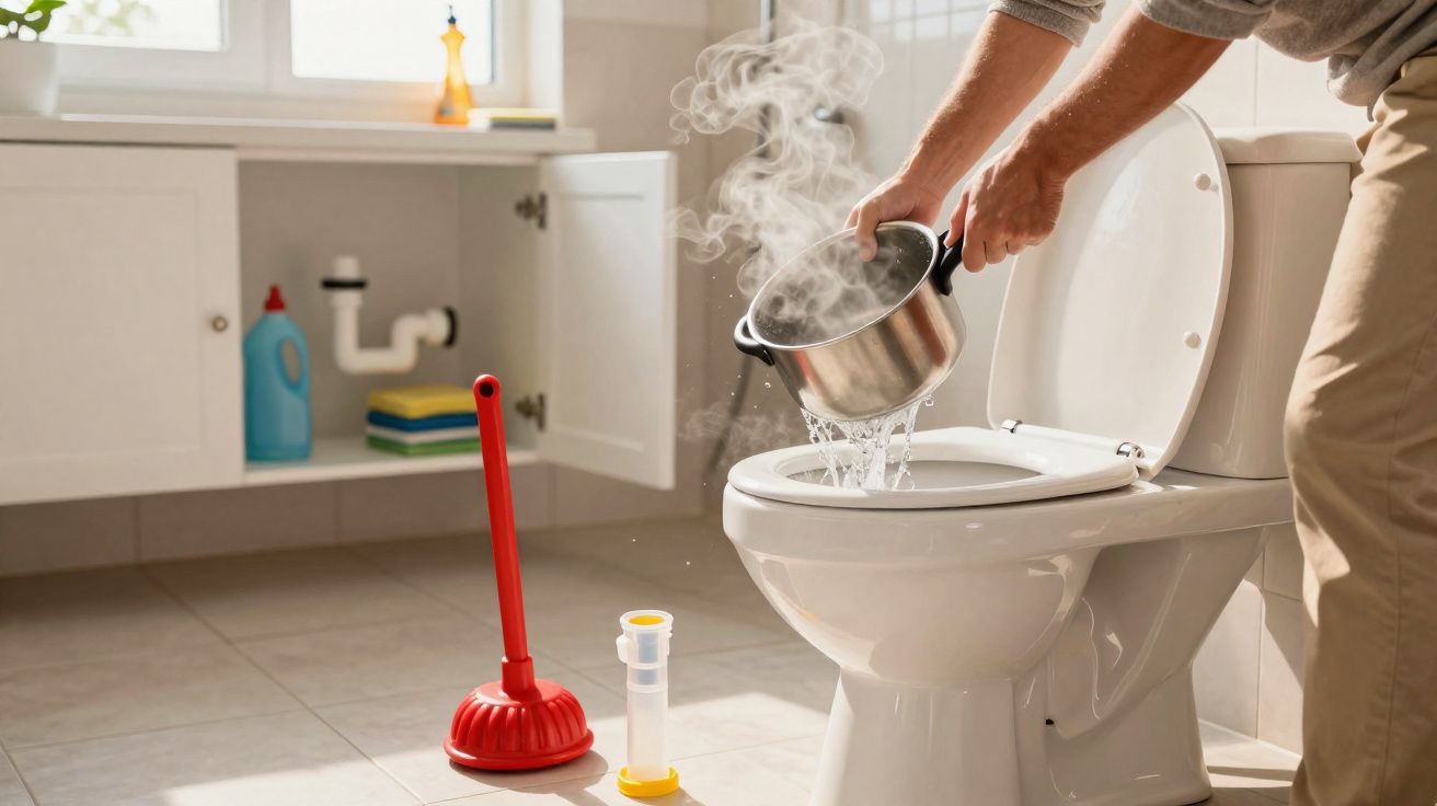 Pessoa despejando água quente na privada para desentupir vaso sanitário em banheiro iluminado.