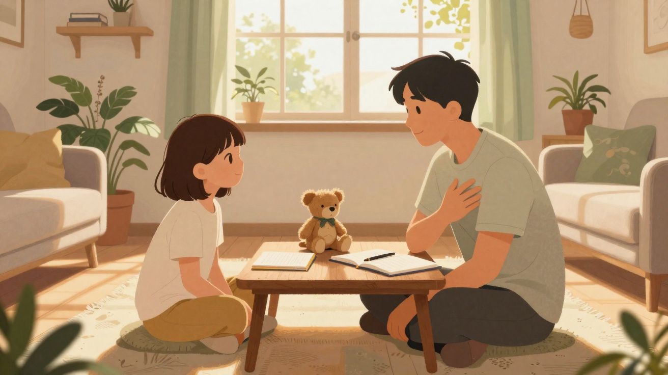 Menino e menina sentados no chão de uma sala iluminada, com ursinho de pelúcia e cadernos na mesinha.