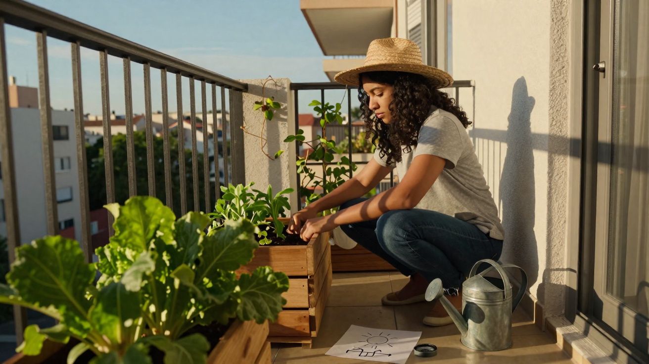 Mulher jovem cuidando de plantas em vasos de madeira na varanda de um apartamento ensolarado.
