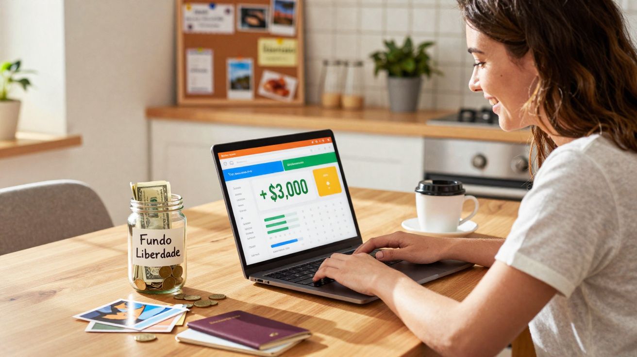 Mulher sorridente usando laptop para controle financeiro com pote de moedas rotulado Fundo Liberdade na mesa.