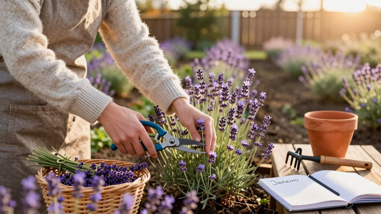 Pessoa colhendo flores de lavanda em jardim ao ar livre com cesta, ferramentas de jardim e caderno aberto.