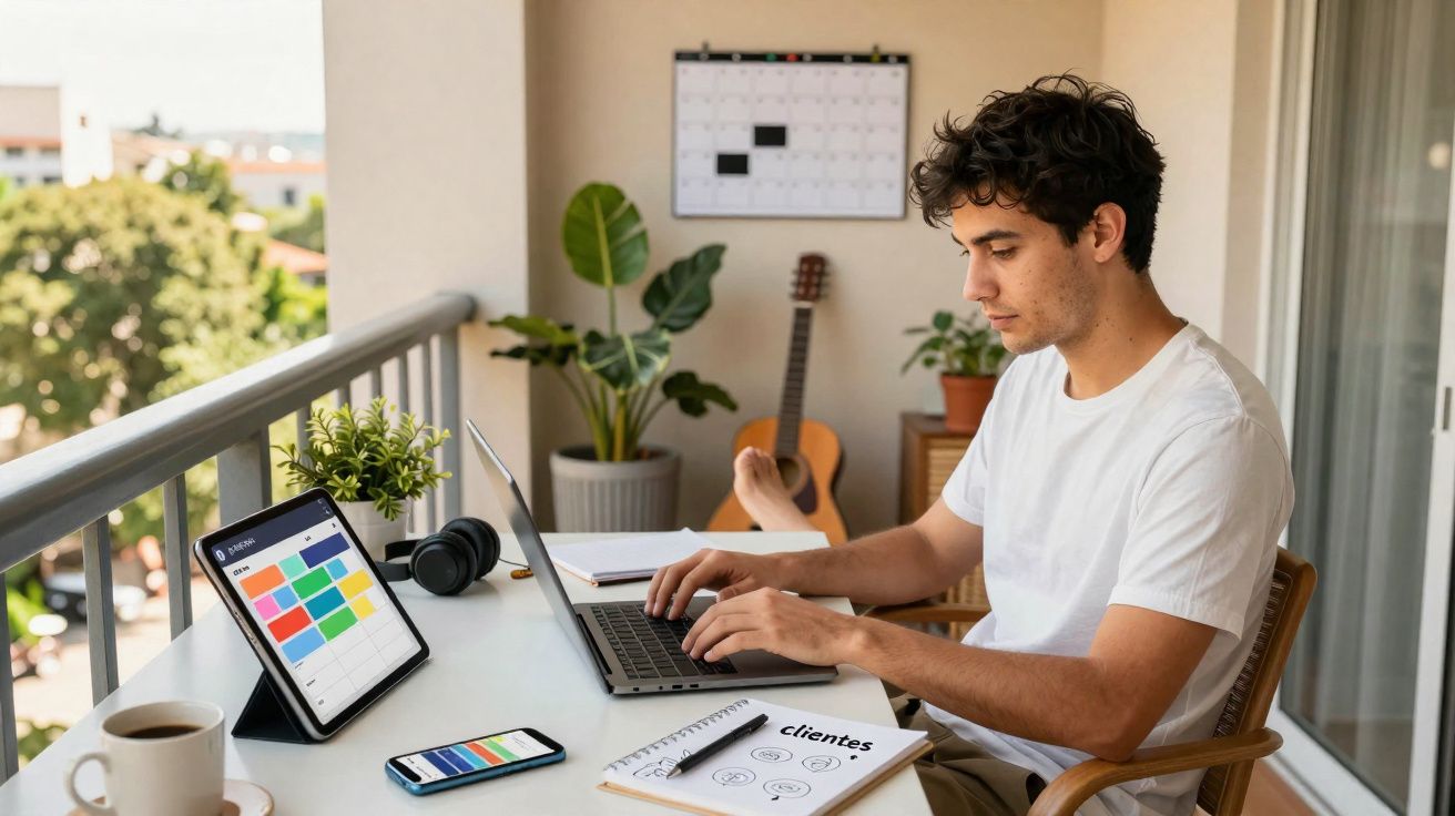 Jovem trabalhando em laptop na varanda com tablet, celular, caderno e xícara de café sobre a mesa.