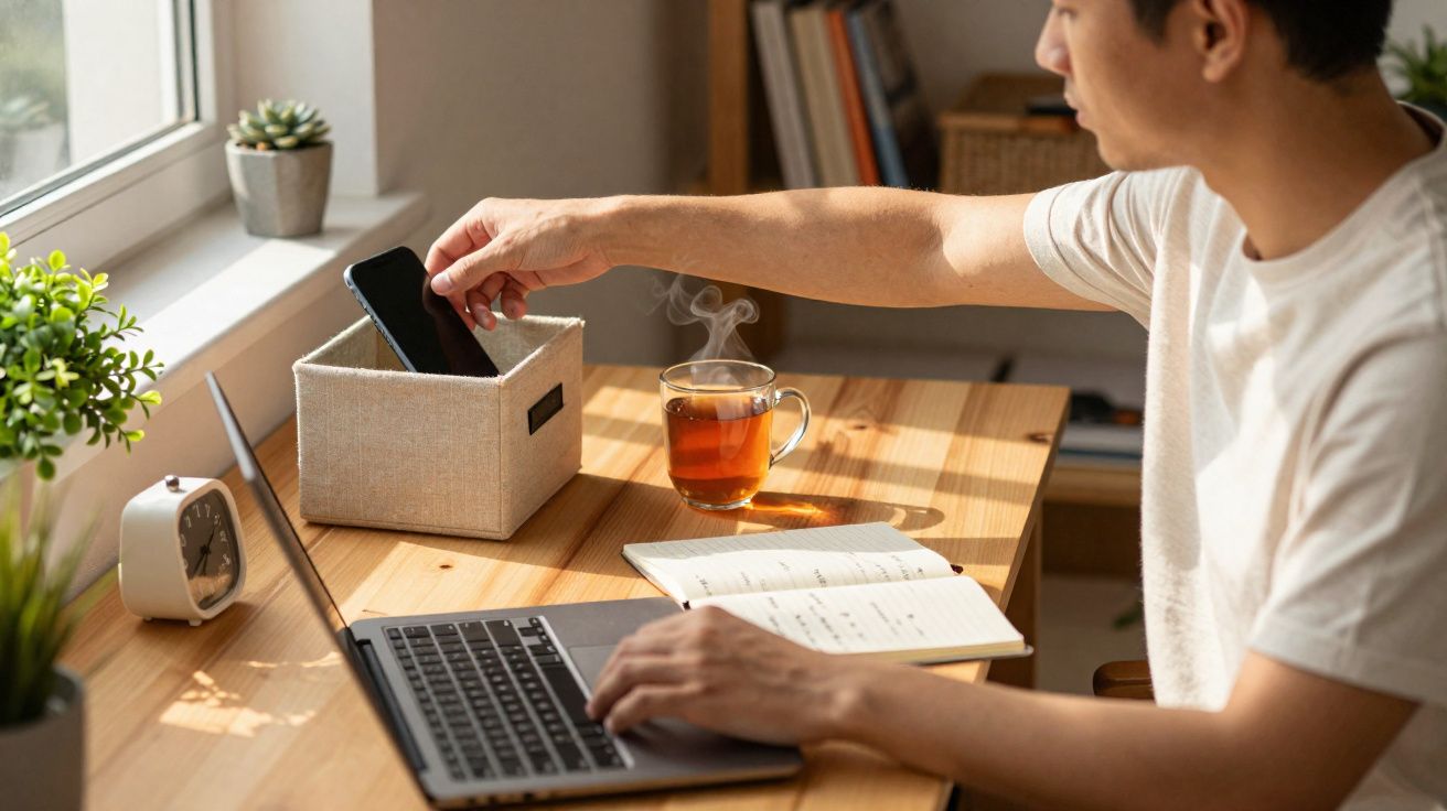 Homem trabalhando em laptop coloca celular em caixa organizadora ao lado de xícara de chá quente.