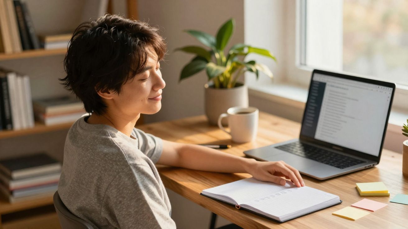 Pessoa sentada em mesa de trabalho com notebook, caderno aberto e plantas, aproveitando momento de pausa.