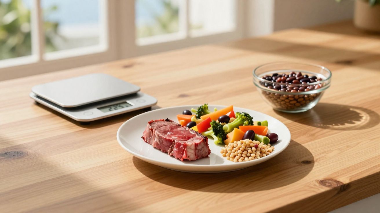 Prato com carne crua, legumes e grãos sobre mesa de madeira ao lado de balança digital e tigela com feijões.