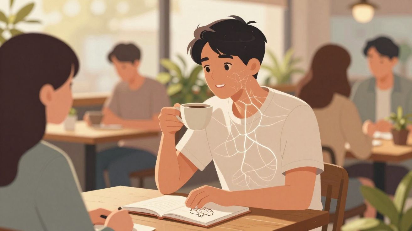 Jovem conversa e toma café enquanto estuda em café com pessoas ao fundo.