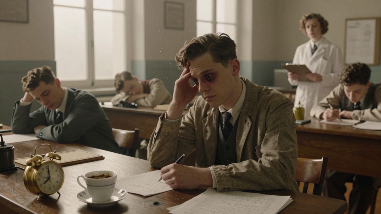 Jovem com olho roxo faz prova em sala antiga enquanto professora observa e outros alunos escrevem concentrados.