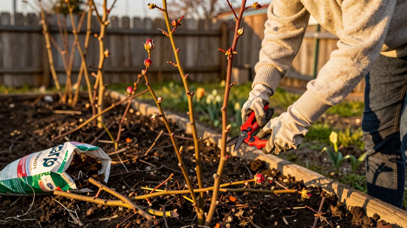 Pessoa podando roseira com tesoura de poda em jardim ensolarado com solo e sacola de adubo.