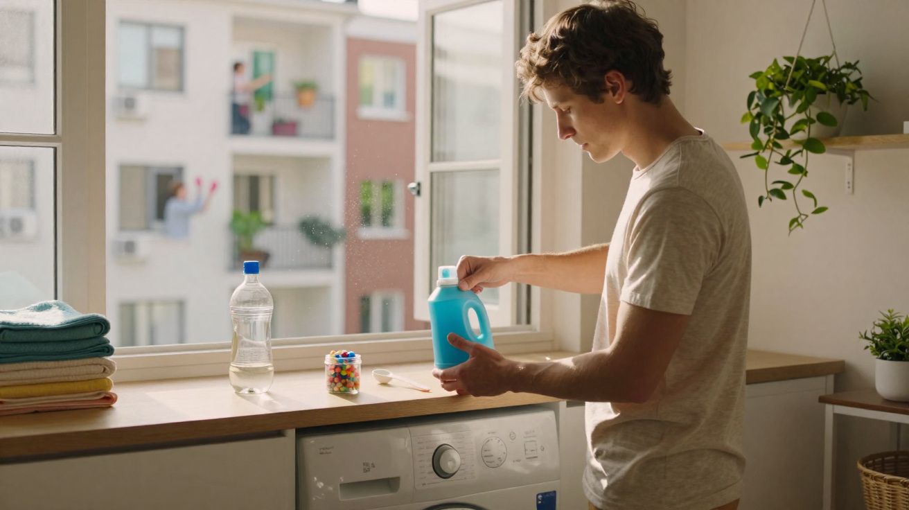 Homem abrindo embalagem de detergente líquido ao lado de máquina de lavar roupas em lavanderia iluminada.