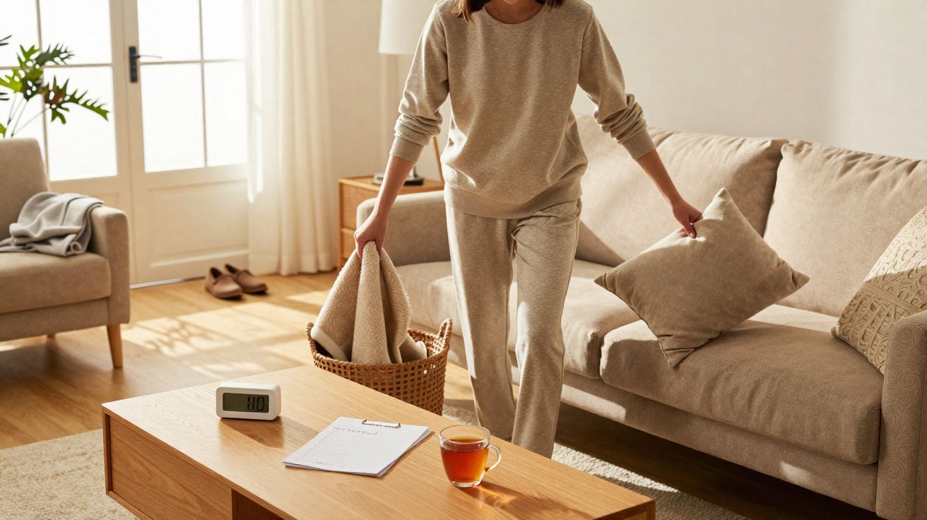 Pessoa arrumando almofada no sofá em sala iluminada e aconchegante com mesa de centro e xícara de chá.
