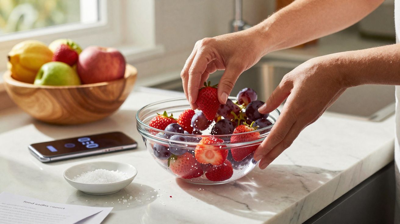 Mãos lavando morangos e uvas em uma tigela transparente sobre pia de cozinha.