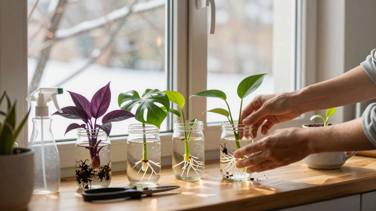 Mãos cuidando de plantas com raízes em frascos de vidro com água perto de janela iluminada.