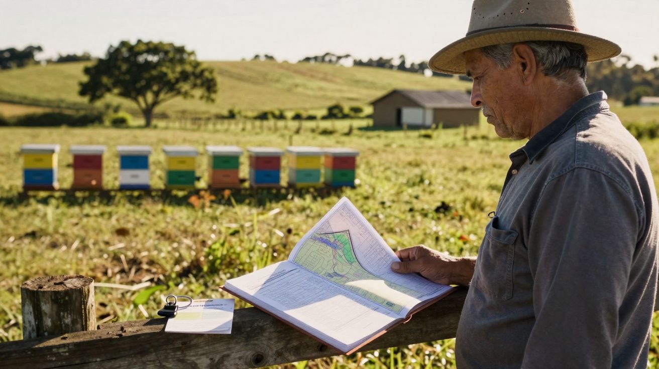 Homem com chapéu consulta mapa em área rural com colmeias coloridas ao fundo e árvores distantes.