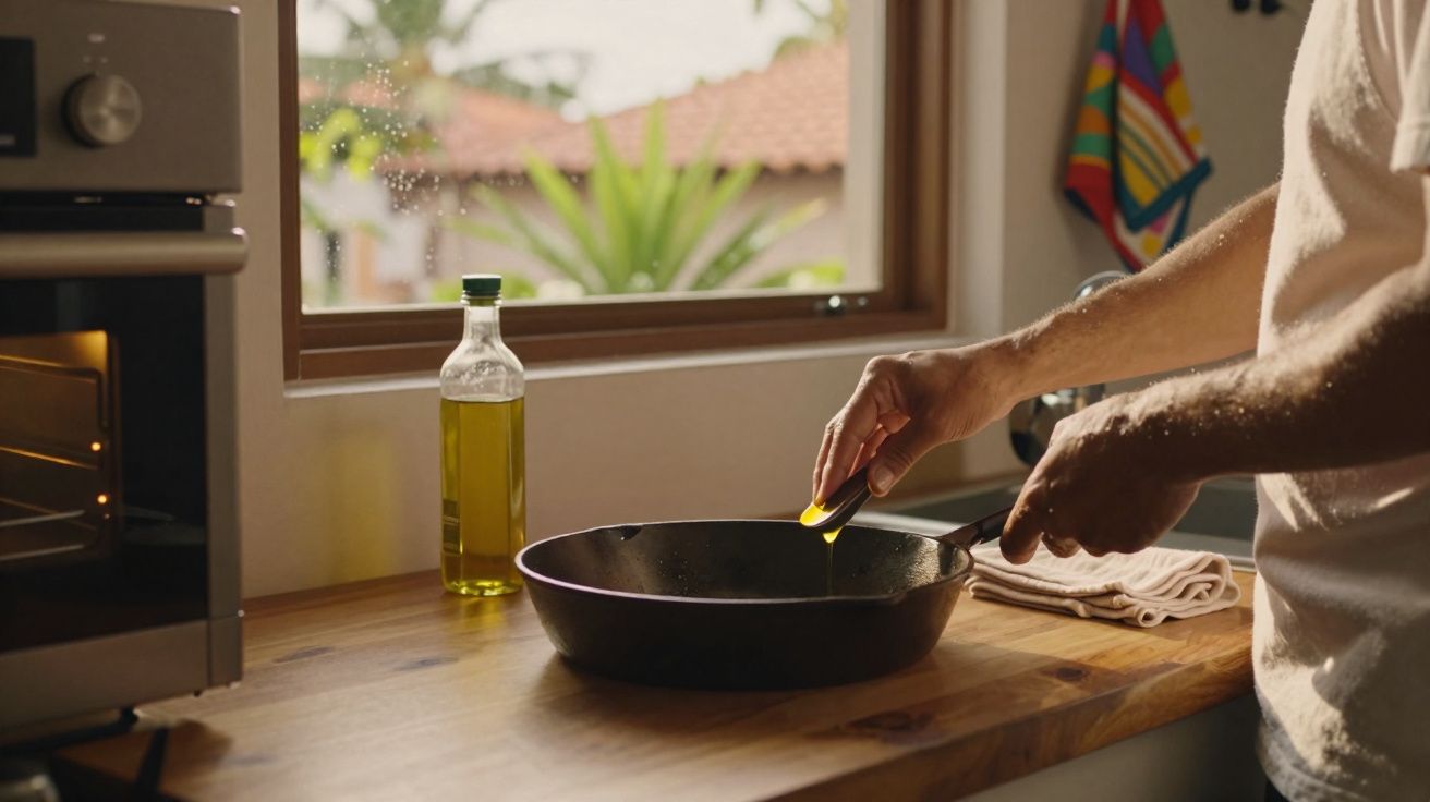 Pessoa untando frigideira com óleo em cozinha iluminada por janela durante o dia.