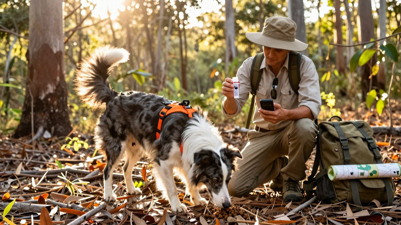 Homem em floresta com chapéu usa frasco enquanto cachorro com coleira coleta amostras no chão.