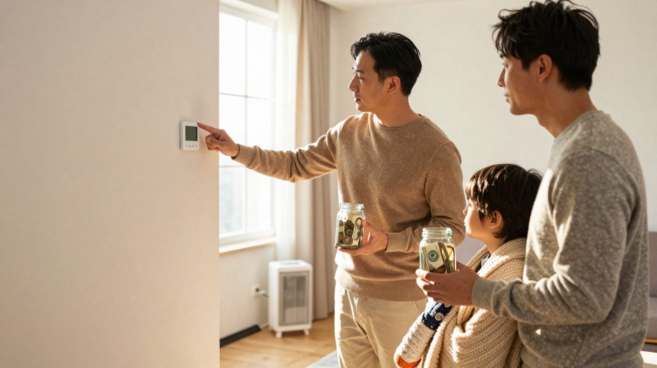 Homens e criança ajustam termostato segurando potes com dinheiro em sala iluminada.