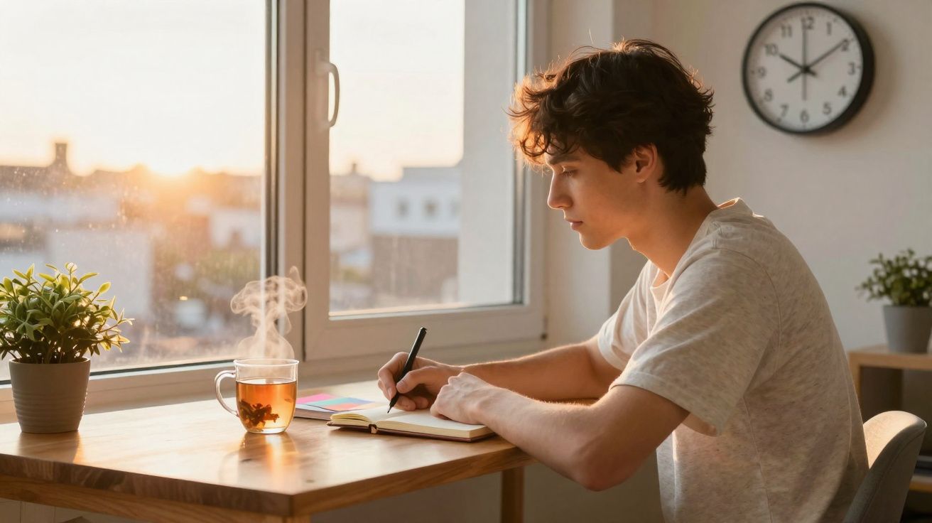Jovem escrevendo em caderno na mesa próximo a janela com xícara de chá quente e plantas decorativas.
