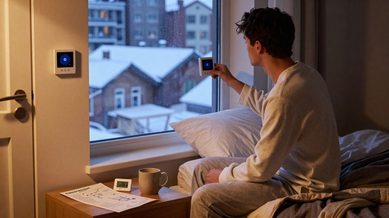 Homem sentado no quarto ajustando termostato inteligente com neve vista pela janela.